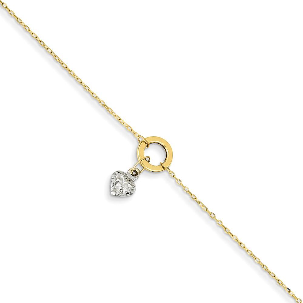 Black Bow Jewelry Company 14k Two-Tone Adjustable Gold Circle And Puffed Heart Anklet, 9 Inch