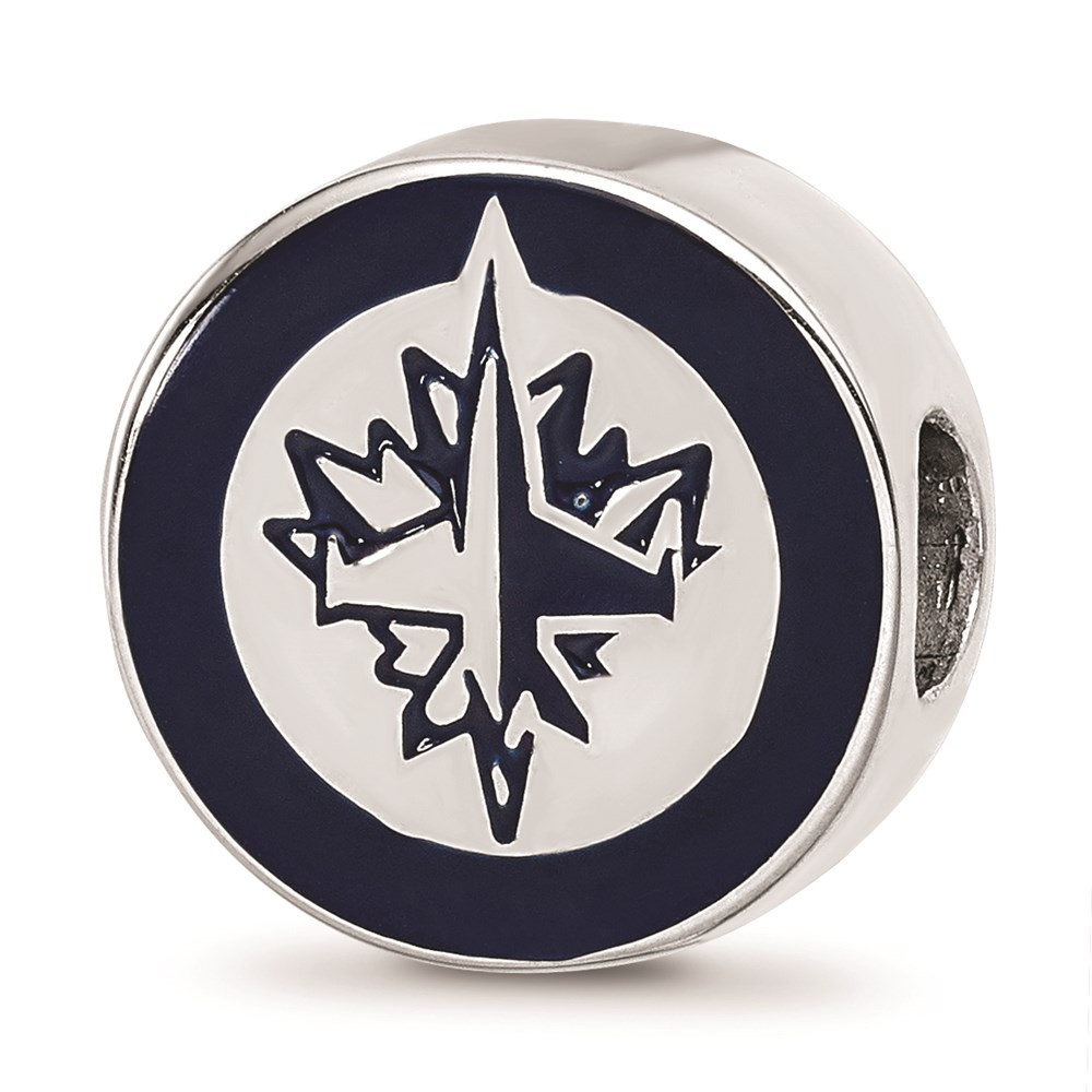 Logoart Sterling Silver Winnipeg Jets Jet On Maple Leaf in Circle Enameled Extruded Logo Bead