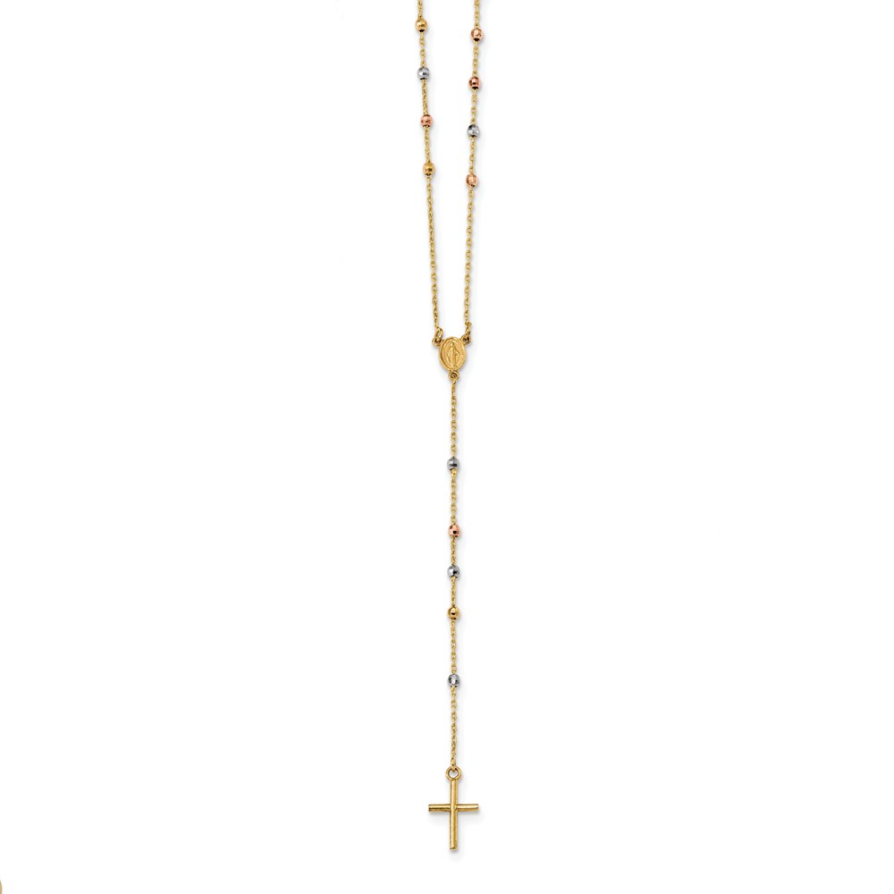 Black Bow Jewelry Company 14k Tri-Color Gold Slip-On Miraculous & Cross Rosary Necklace, 24 Inch