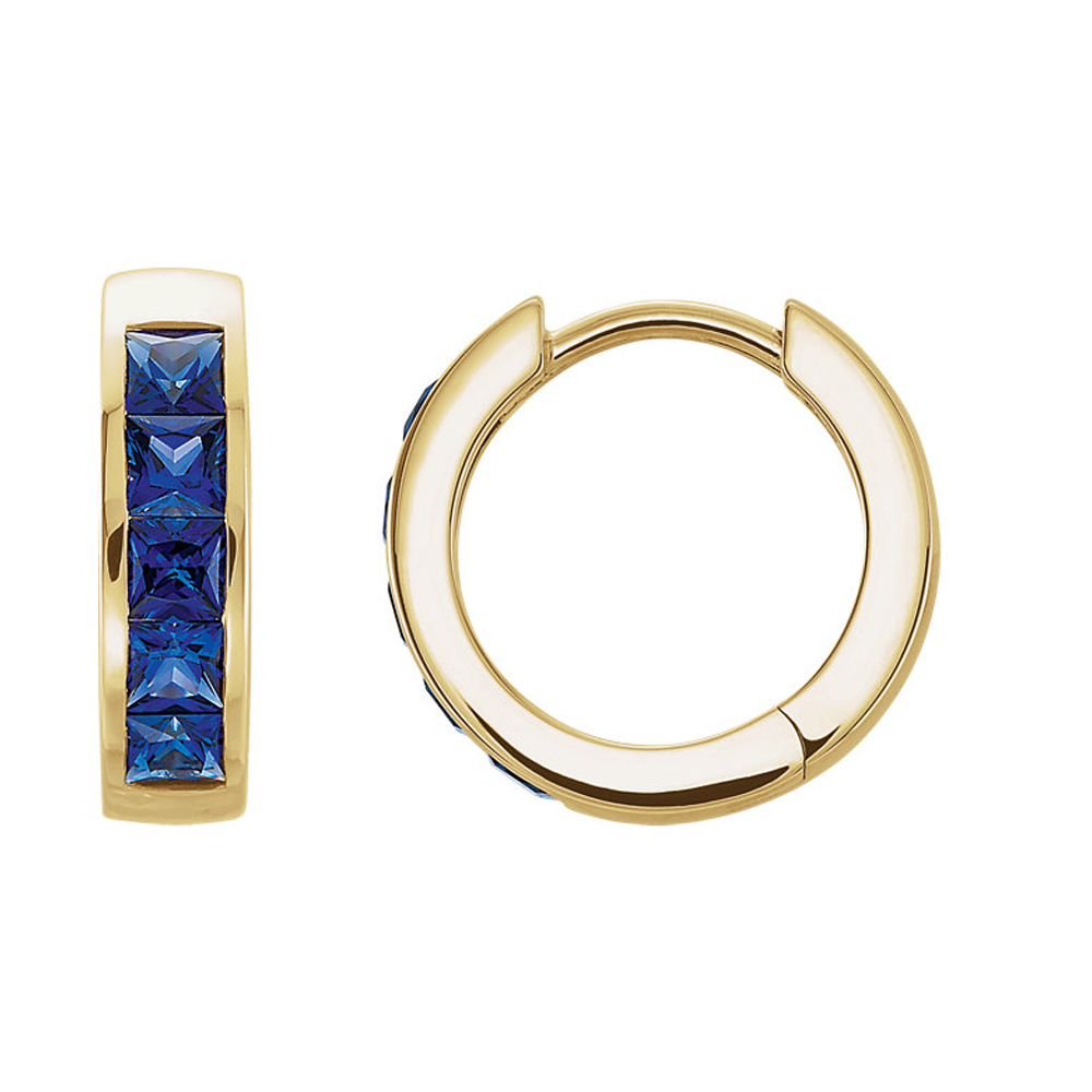 Black Bow Jewelry Company 14k Yellow Gold Created Blue Sapphire Hinged Round Hoop Earrings, 14mm