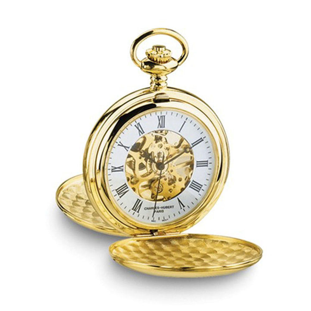 Charles-Hubert Charles Hubert 14k Gold Finish White Skeleton Dial Pocket Watch