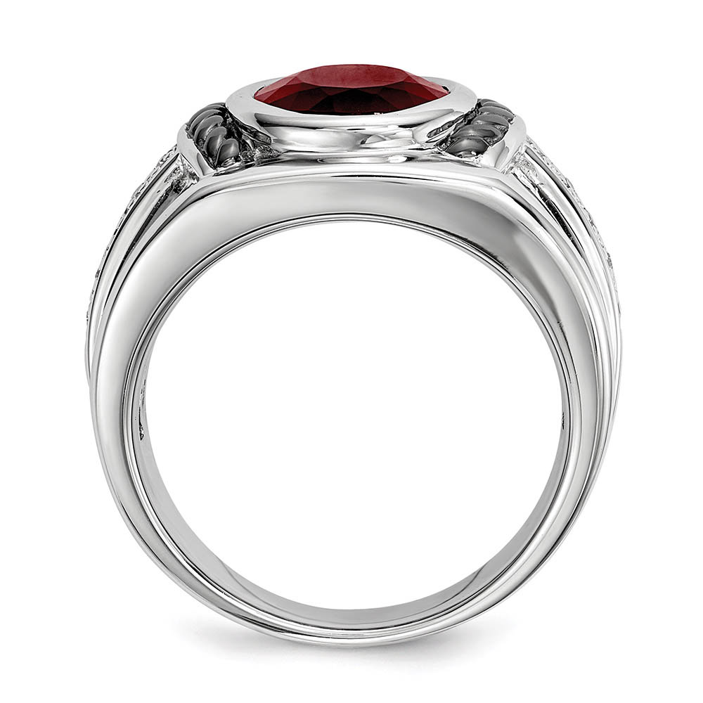 Black Bow Jewelry Company Mens Two Tone Sterling Silver, Oval Garnet & Diamond Wide Tapered Ring