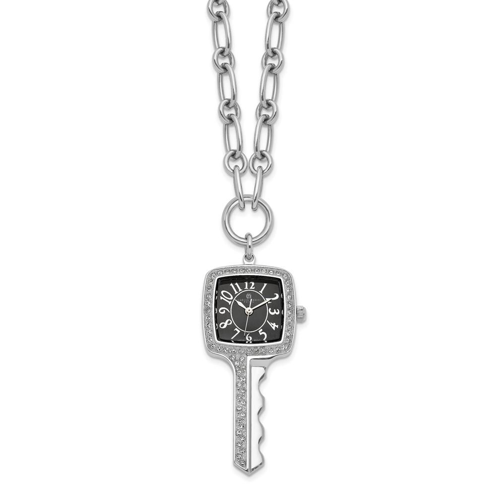 Charles-Hubert Ladies, Stainless Steel, Square Key Black Dial Pendant Watch Necklace