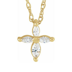 Black Bow Jewelry Company 14K Yellow Gold 1/6 CTW Diamond Marquise Tiny Cross Necklace, 18 Inch