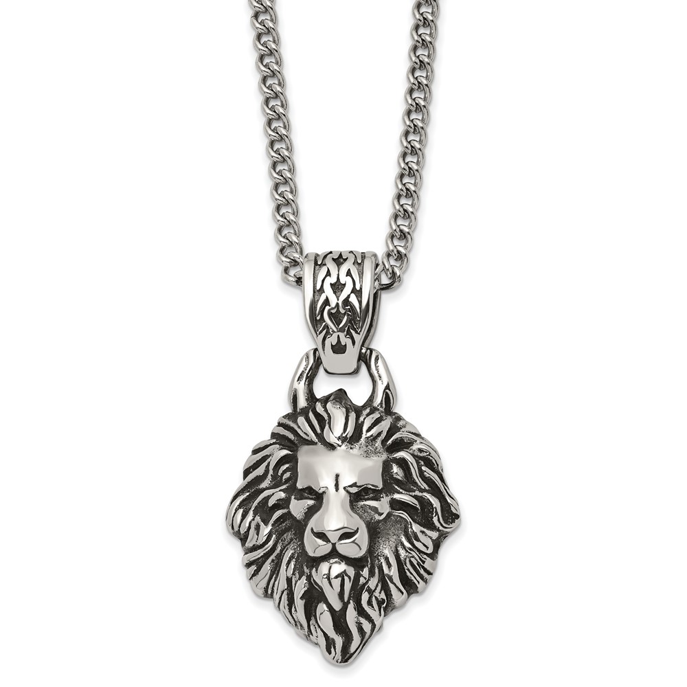 Black Bow Jewelry Company Stainless Steel Medium Antiqued Lion's Head Necklace, 24 Inch