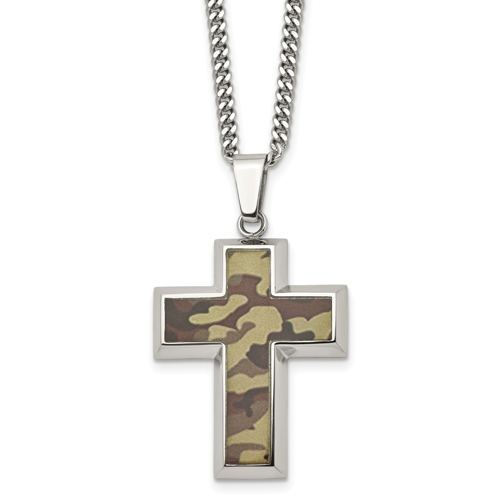 Black Bow Jewelry Company Men's Stainless Steel Printed Brown Camo Cross Necklace, 22 inch