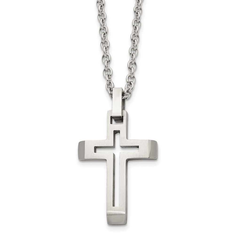 Black Bow Jewelry Company Mens Stainless Steel Brushed & Polished Voided Cross Necklace, 20 Inch