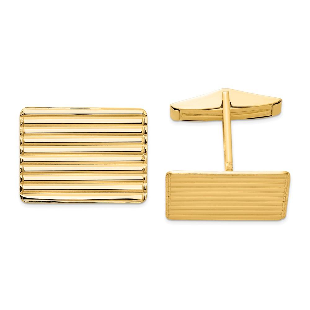 Black Bow Jewelry Company 14K Yellow Gold Grooved Striped Rectangle Cuff Links, 19 x 14mm
