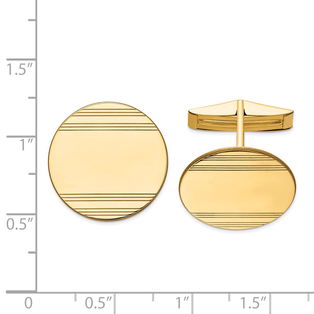 Black Bow Jewelry Company 14K Yellow Gold Striped Round Disc Cuff Links, 20mm