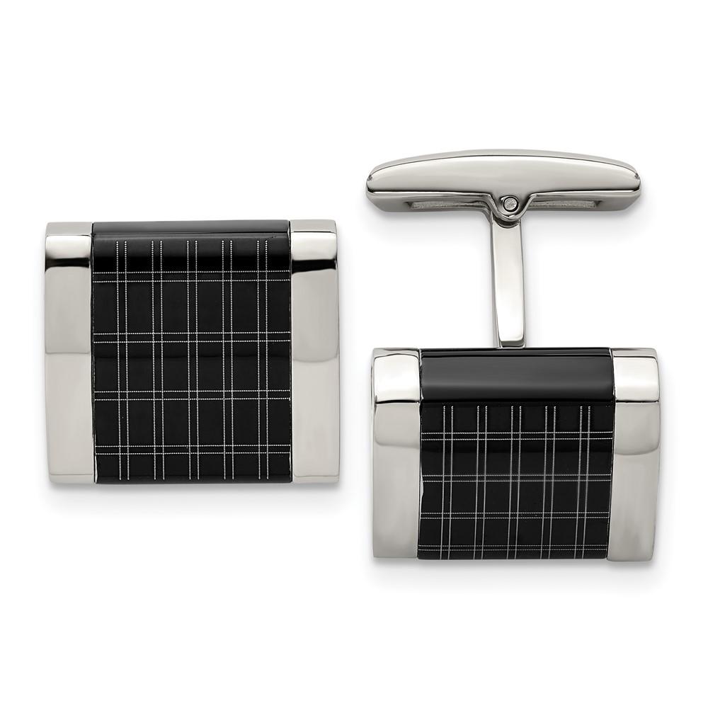 Black Bow Jewelry Company Stainless Steel & Black Plated Laser Design Square Cuff Links, 16mm