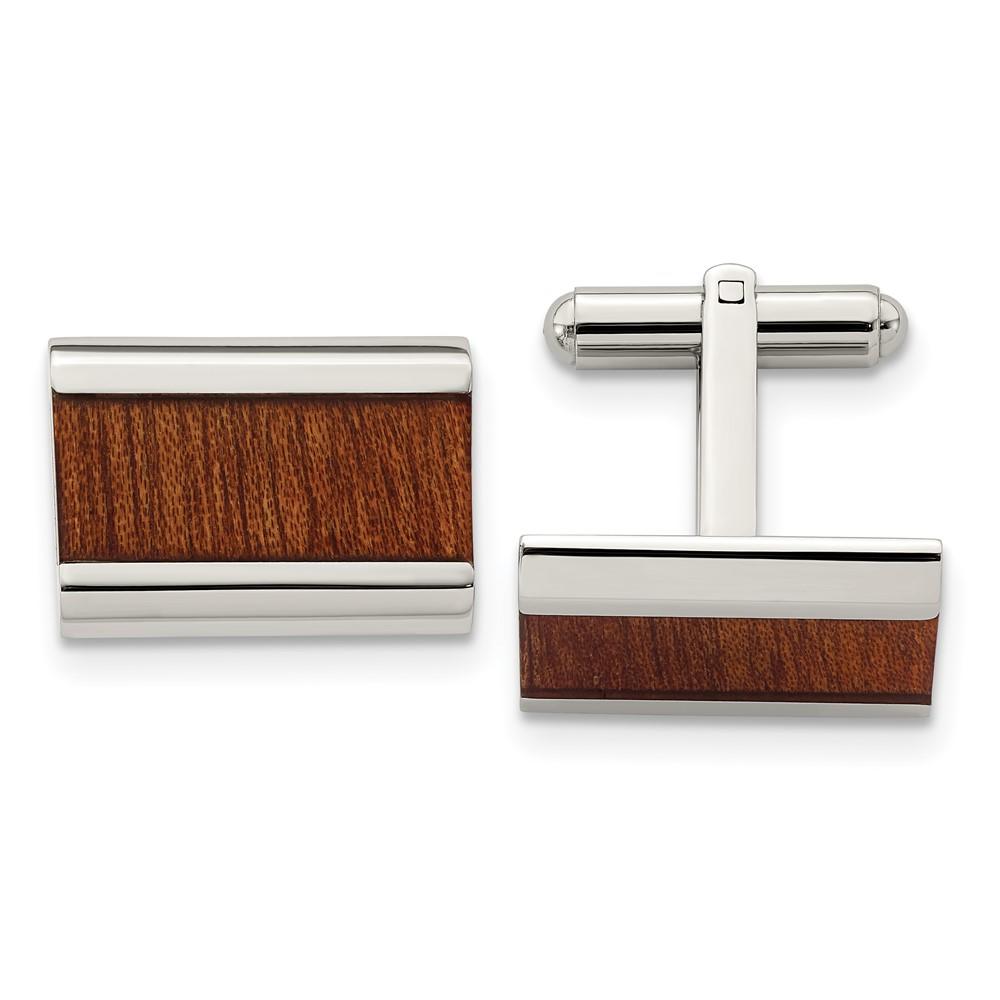 Black Bow Jewelry Company Stainless Steel Brown Koa Wood Inlay Rectangle Cuff Links, 19 x 14mm