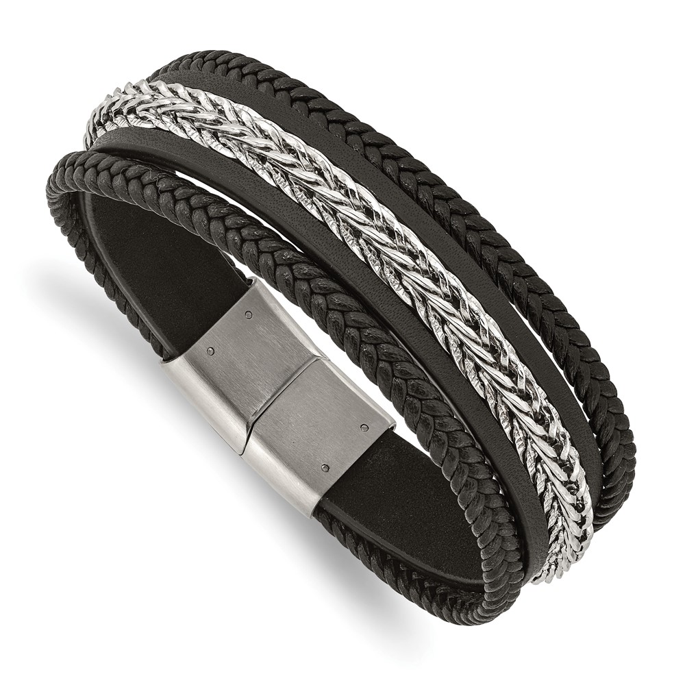 Black Bow Jewelry Company 23mm Stainless Steel & Black Leather Multi Strand Bracelet, 8.5 Inch