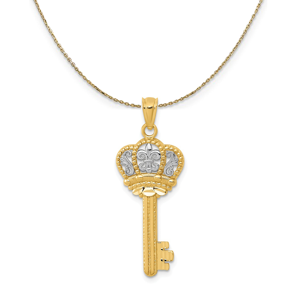 Black Bow Jewelry Company 14k Yellow Gold & Rhodium Fleur De Lis Crown Key Necklace