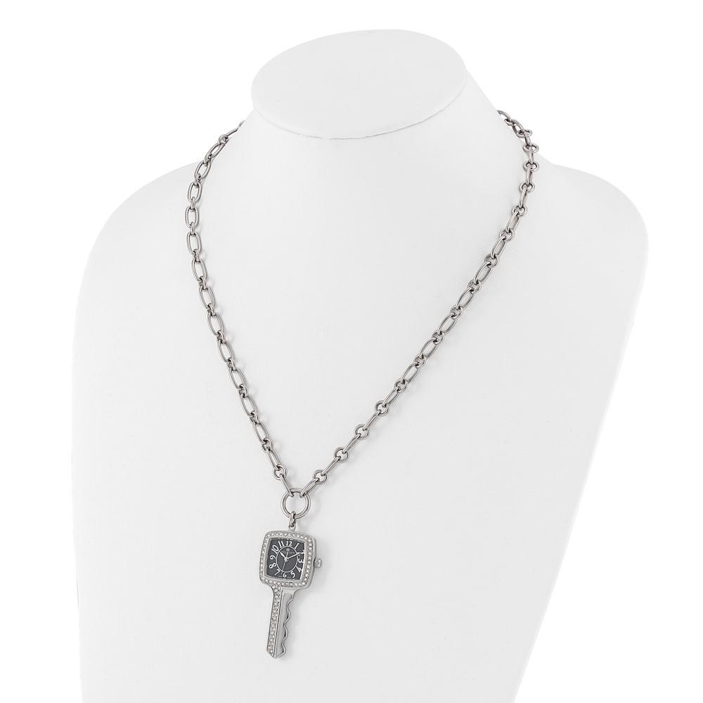 Charles-Hubert Ladies, Stainless Steel, Square Key Black Dial Pendant Watch Necklace