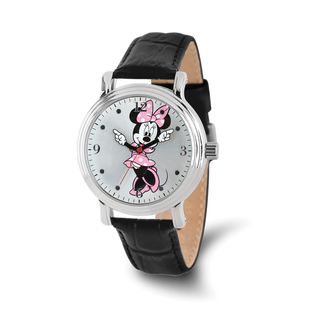 Disney Ladies Size Black Leather Minnie Pink Dress Watch