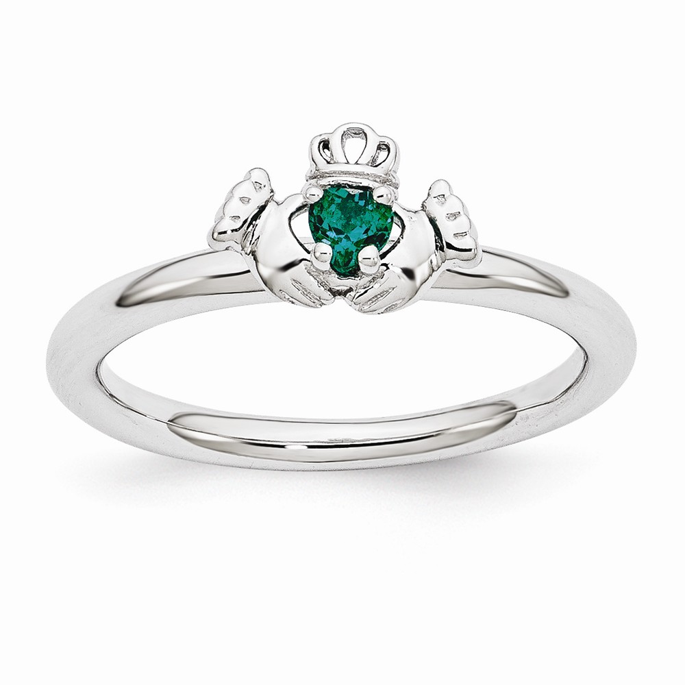 Stackable Expressions Rhodium Sterling Silver Stackable Created Emerald Claddagh Ring