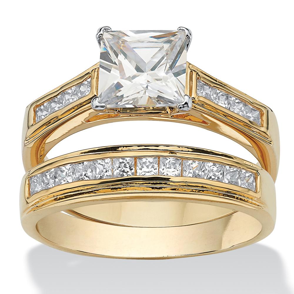 PalmBeach Jewelry 2.92 TCW Princess-Cut Cubic Zirconia 14k Yellow Gold-Plated Bridal Engagement Ring Wedding Band Set