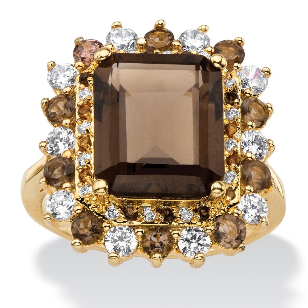 PalmBeach Jewelry 9.62 TCW Emerald-Cut Genuine Smoky Topaz and Cubic Zirconia Accent  Halo Cocktail Ring 14k Gold-Plated