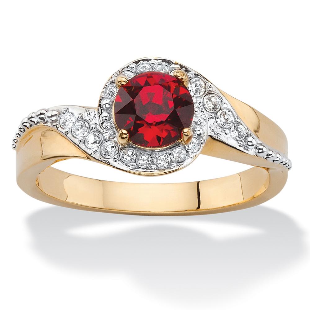 PalmBeach Jewelry Round Simulated Red Ruby and White Pave Crystal Two-Tone Halo Cocktail Ring 14k Gold-Plated