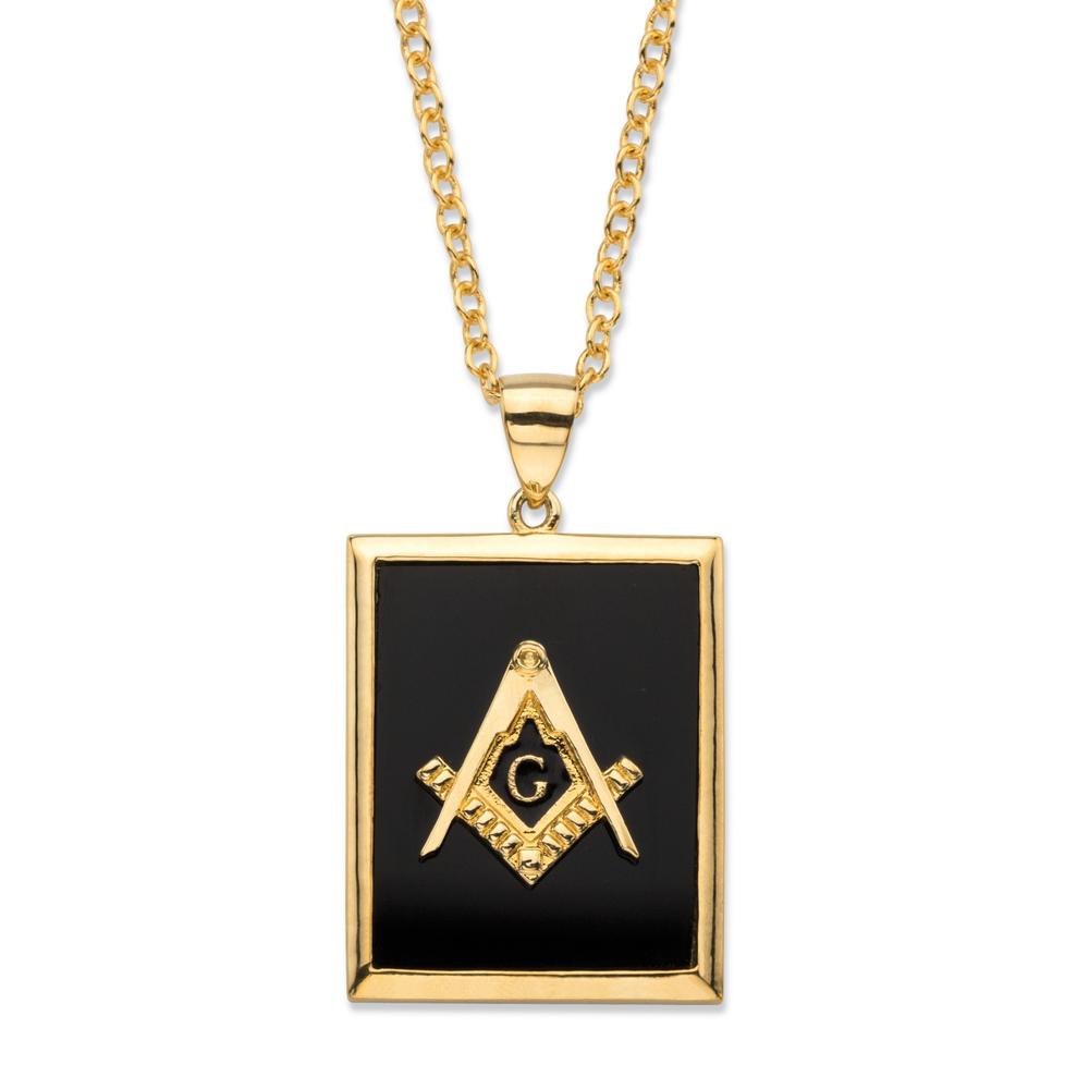 PalmBeach Jewelry Men's Emerald-Cut Genuine Black Onyx 14k Gold-Plated Masonic Square and Compasses Pendant Necklace 22"