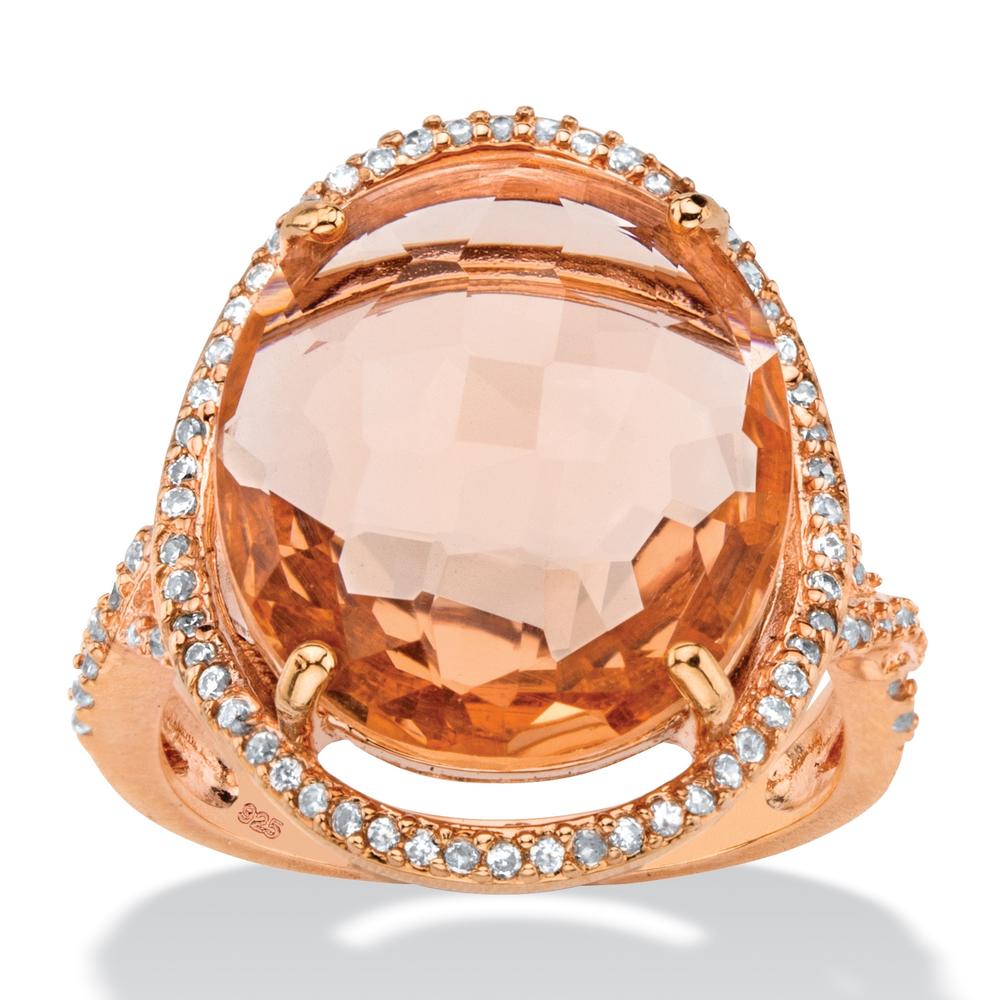 PalmBeach Jewelry .39 TCW Oval Peach Glass and Cubic Zirconia Halo Ring in Rose Gold over Silver