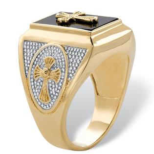 Palmbeach Jewelry Men S Genuine Black Onyx Cabochon Textured Cross Ring 14k Gold Plated