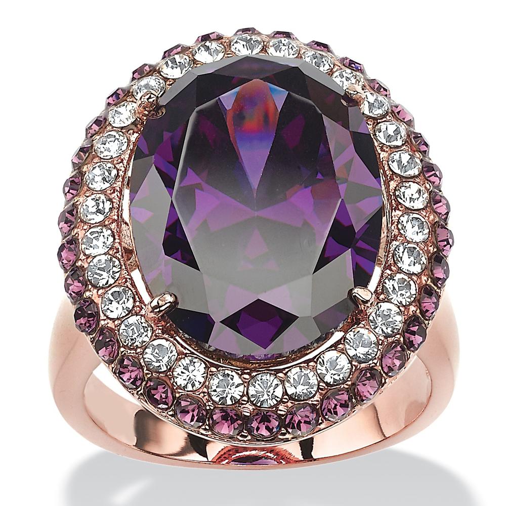 PalmBeach Jewelry 12.86 TCW Oval-Cut Amethyst Cubic Zirconia Double Halo Cocktail Ring Rose Gold-Plated