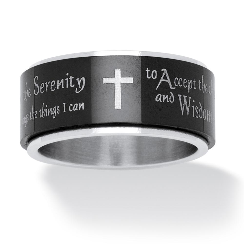 PalmBeach Jewelry Serenity Prayer Cross Spinner Ring in Black IP Stainless Steel and Stainless Steel