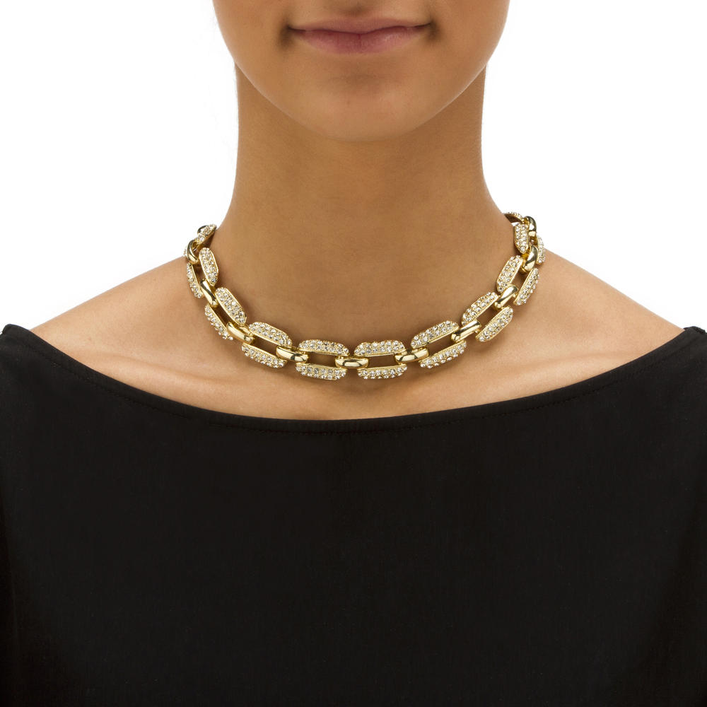 PalmBeach Jewelry 3 Piece Crystal Interlocking-Link Necklace, Bracelet and Drop Earrings Set in Yellow Goldtone
