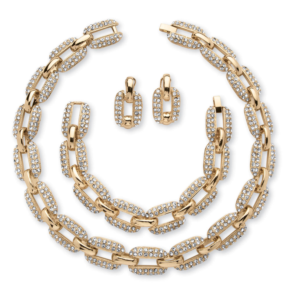 PalmBeach Jewelry 3 Piece Crystal Interlocking-Link Necklace, Bracelet and Drop Earrings Set in Yellow Goldtone