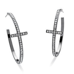 PalmBeach Jewelry Round Crystal Cross Hoop Earrings Black Rhodium-Plated (1 1/2")