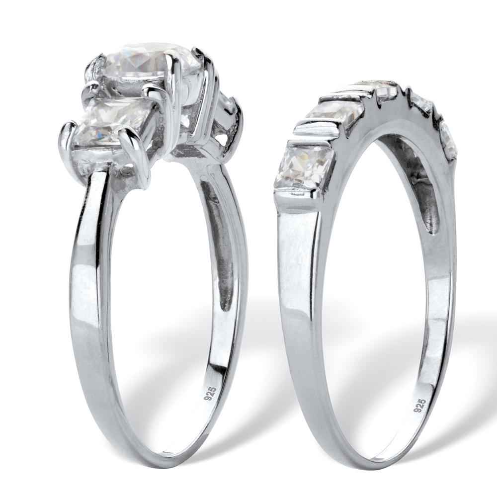 PalmBeach Jewelry Round and Princess Cut Cubic Zirconia 2 Piece Bridal Ring Set 2.52 TCW Platinum Over Silver
