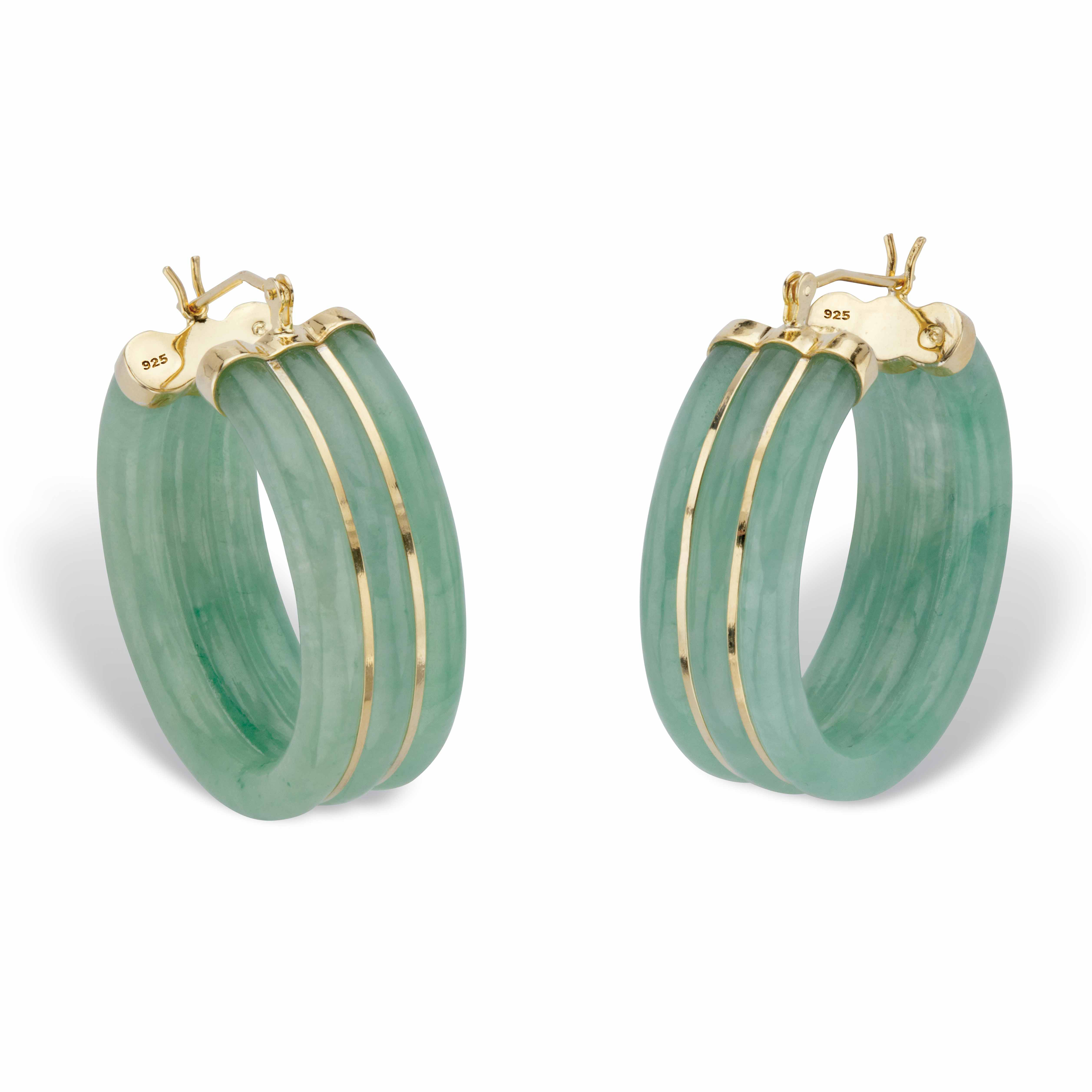 PalmBeach Jewelry Genuine Green Jade Hoop Earrings in 14k Gold-plated Sterling Silver 1.33"