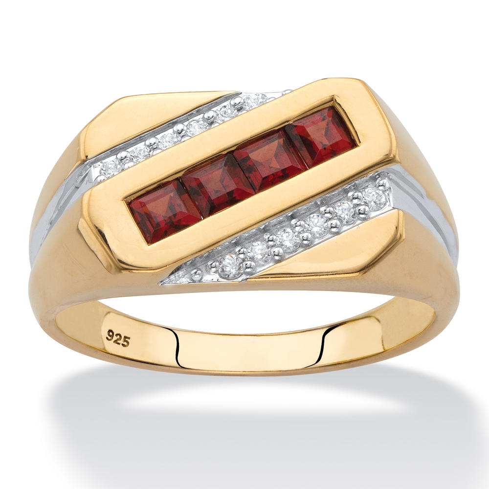 PalmBeach Jewelry Square-Cut Genuine Red Garnet and Diamond Diagonal Men's Ring .96 TCW in 18k Yellow Gold-plated Sterling Silver