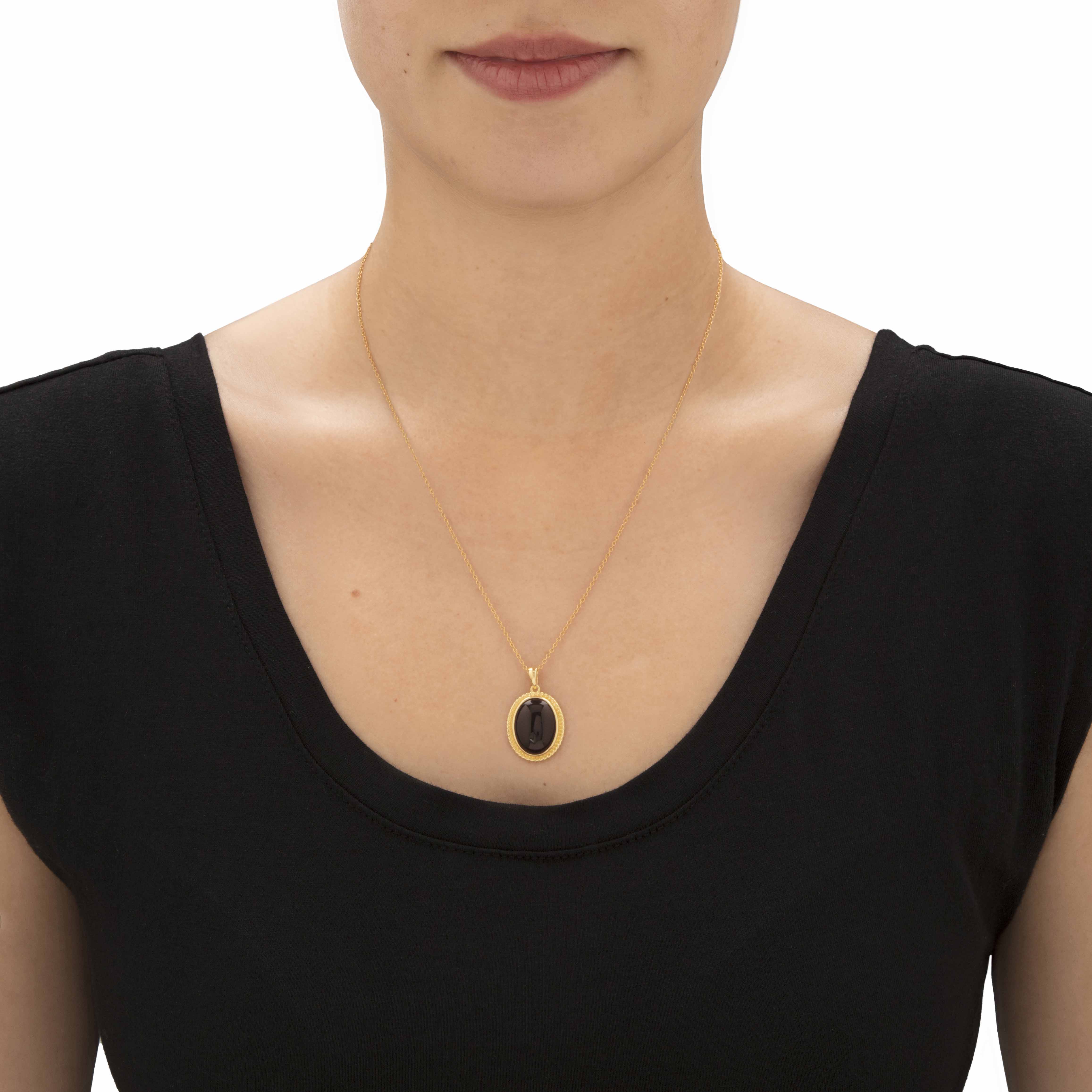 PalmBeach Jewelry Genuine Black Onyx Oval Cabochon Banded Halo Pendant Necklace in 14k Gold-plated Sterling Silver 18"