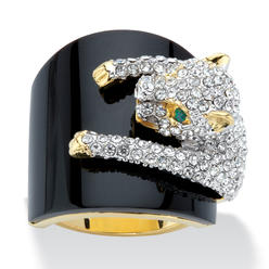 PalmBeach Jewelry Genuine Black Onyx and Round Crystal Leopard Cocktail Ring with Green Crystal Accents Gold-Plated