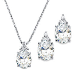 PalmBeach Jewelry Oval-Cut Cubic Zirconia 2-Piece Earrings and Pendant Necklace Set 13.22 TCW Platinum-Plated 18"-20"