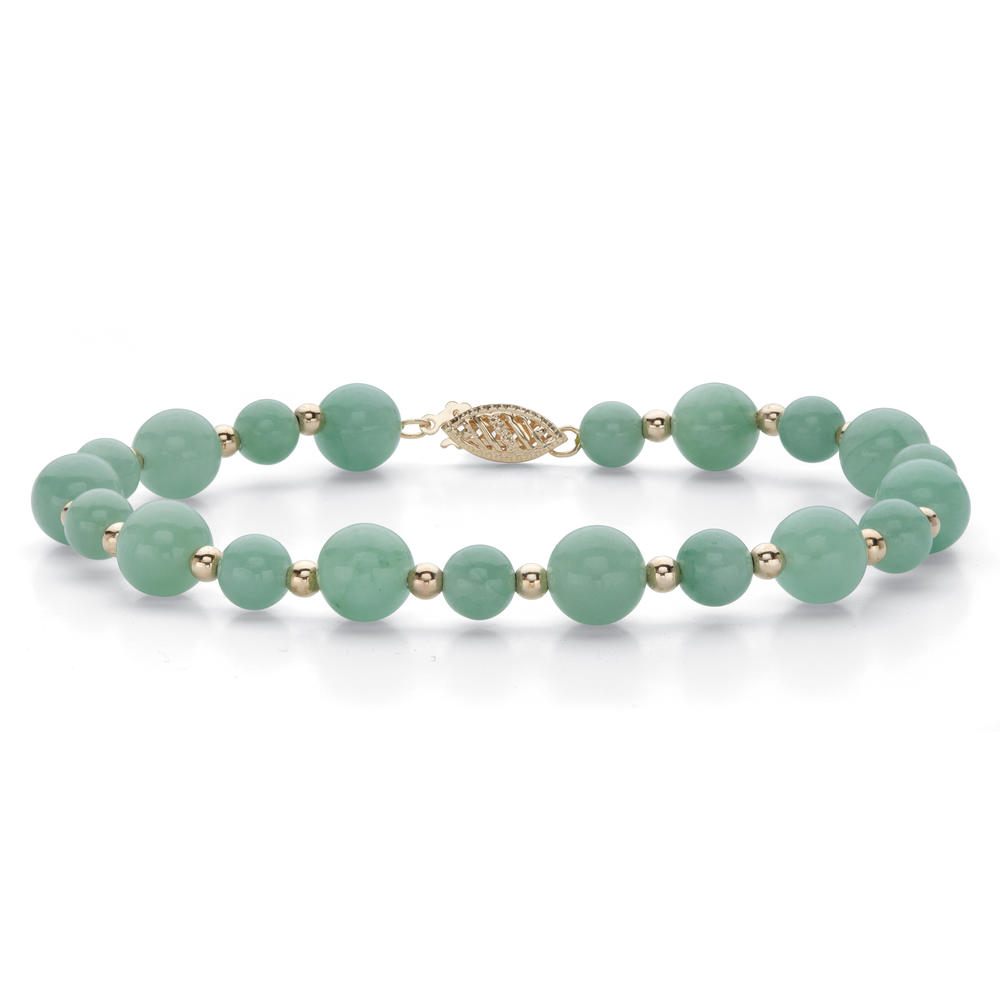 PalmBeach Jewelry Genuine Green Jade Round Beaded Bracelet in Solid 10k Yellow Gold 8"
