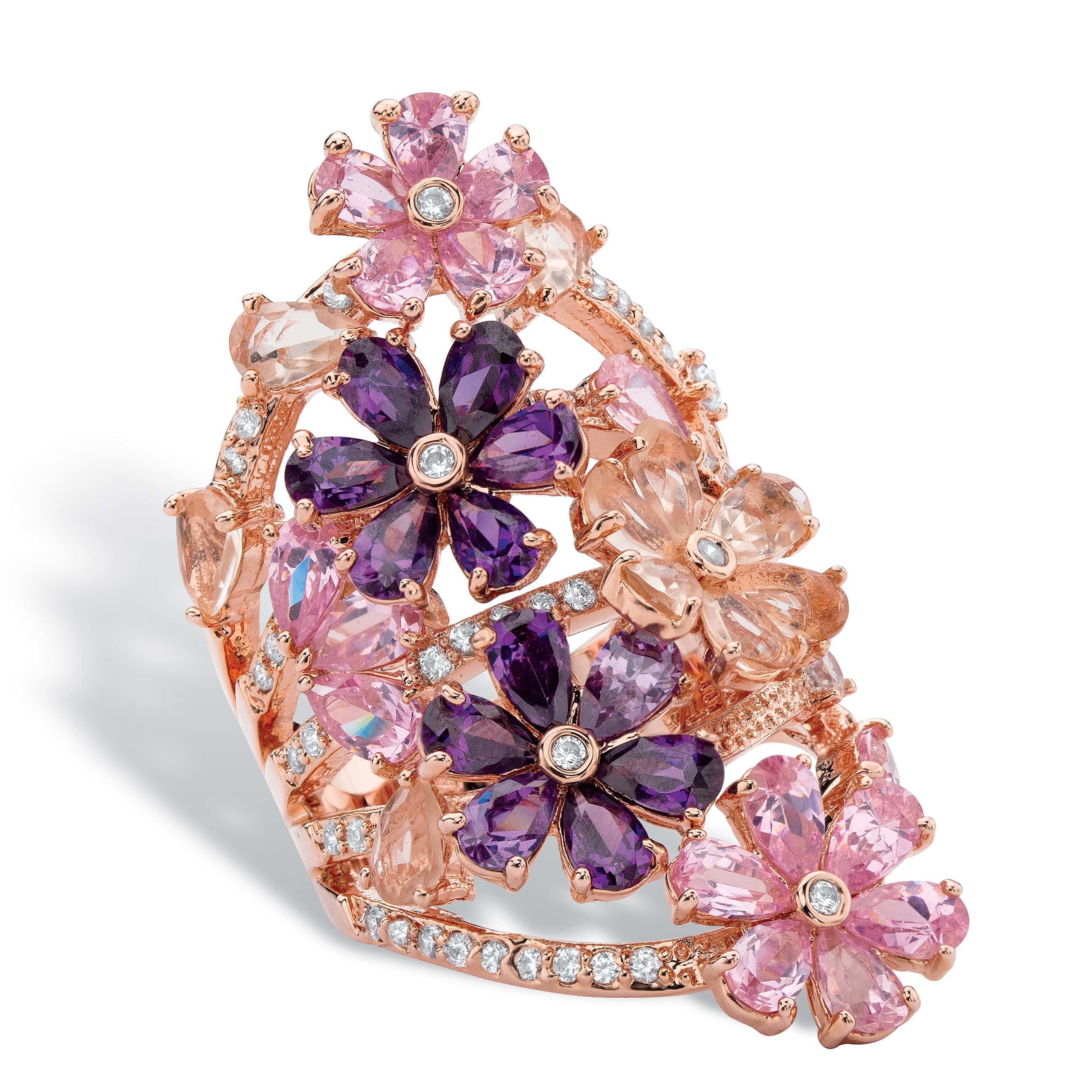 PalmBeach Jewelry Pink and Purple Cubic Zirconia and Crystal Flower Cluster Ring 5.99 TCW in Rose Goldtone