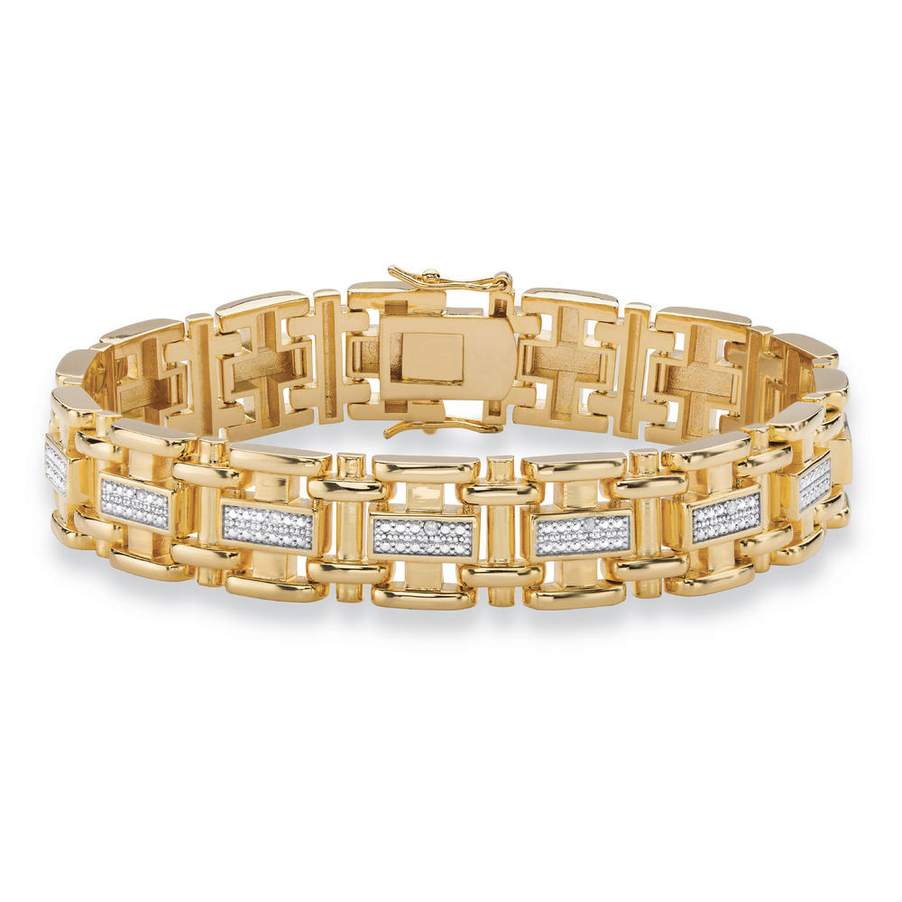 PalmBeach Jewelry Men's Diamond Accent Pave-Style Two-Tone Bar-Link Bracelet Yellow Gold-Plated 8.5"