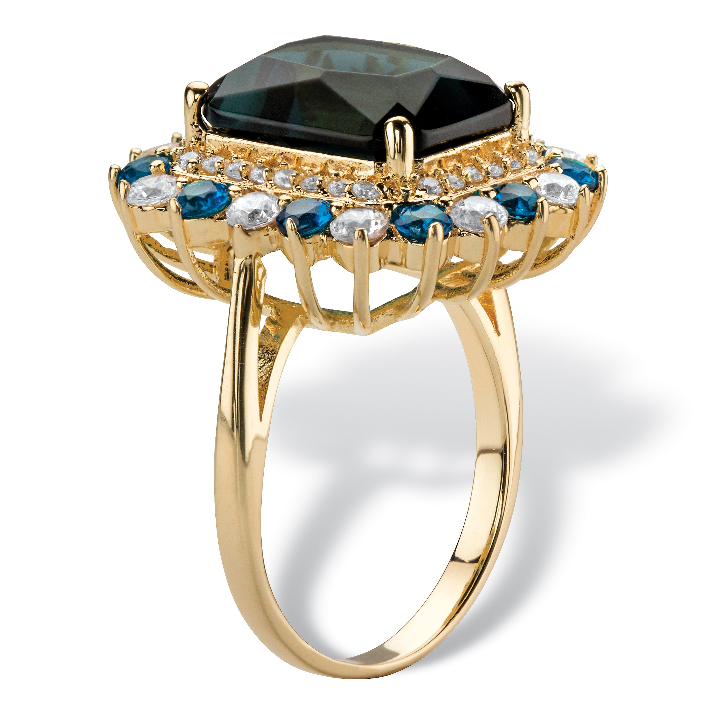 PalmBeach Jewelry 8.05 TCW Emerald-Cut Simulated London Blue Sapphire and Cubic Zirconia Halo Cocktail Ring Yellow Gold-Plated