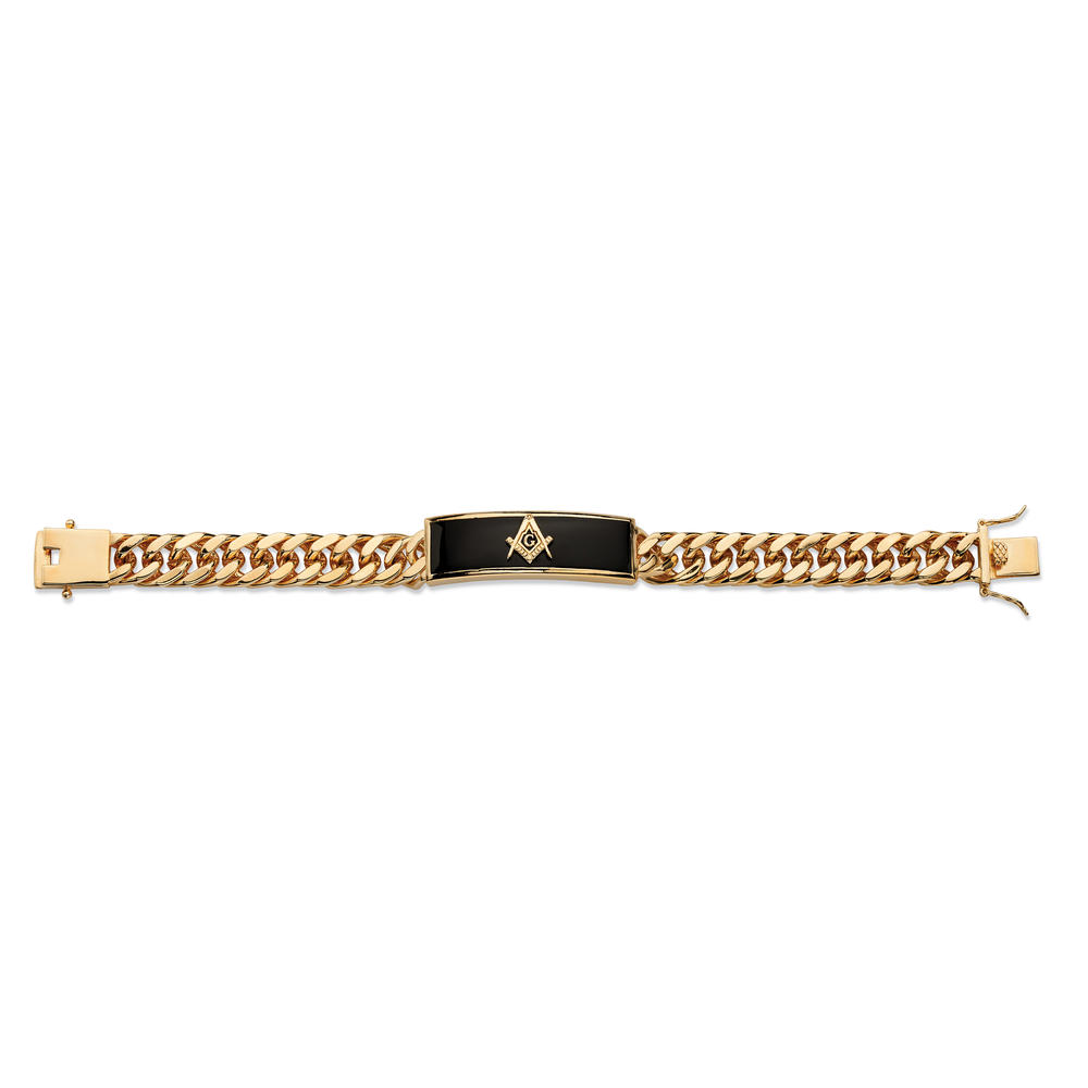 PalmBeach Jewelry Men's Genuine Black Onyx Masonic Insignia Curb-Link Bracelet Gold-Plated 8"