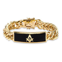PalmBeach Jewelry Men's Genuine Black Onyx Masonic Insignia Curb-Link Bracelet Gold-Plated 8"
