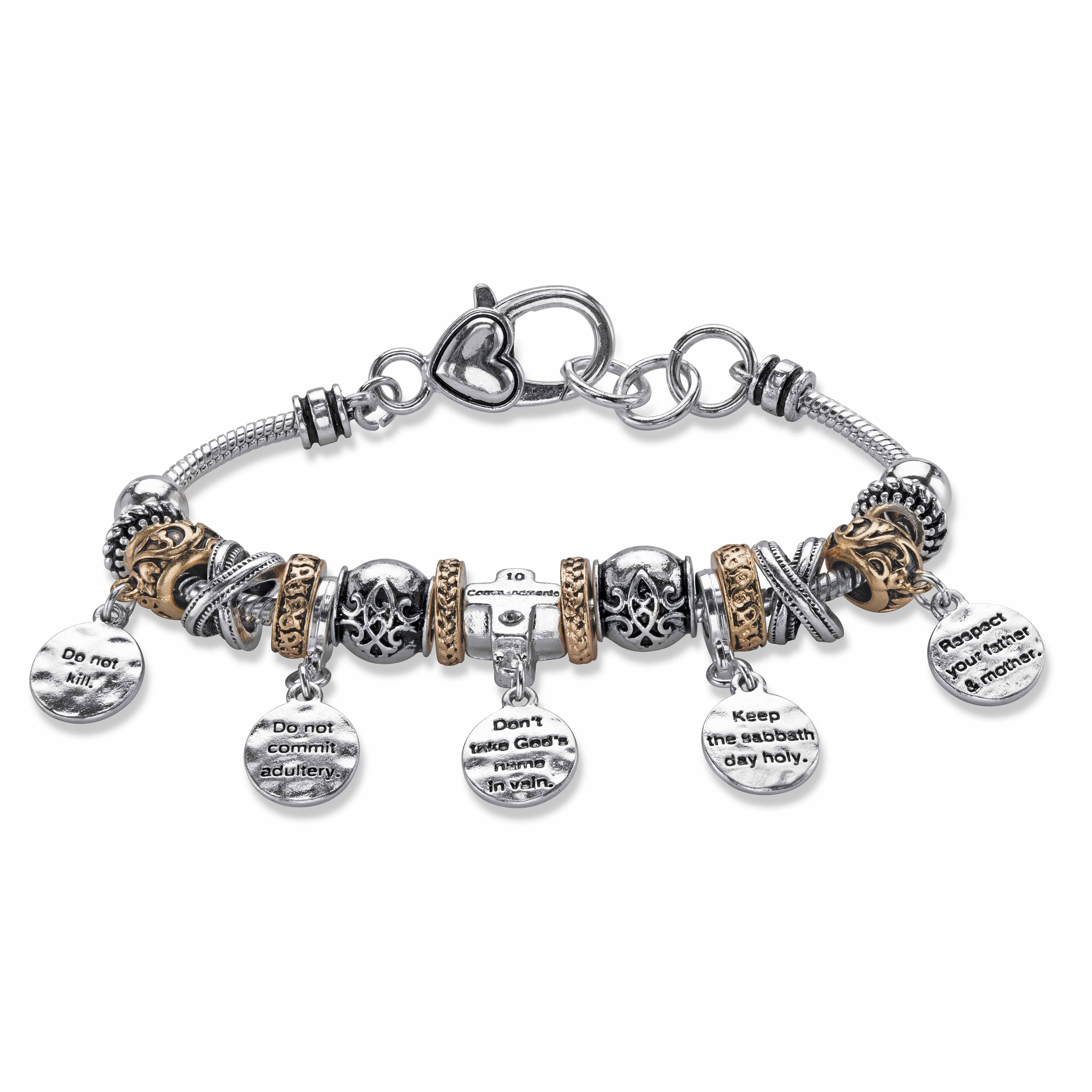 PalmBeach Jewelry Ten Commandments Bali-Style Beaded Charm Bracelet in Two-Tone Goldtone and Silvertone 8"