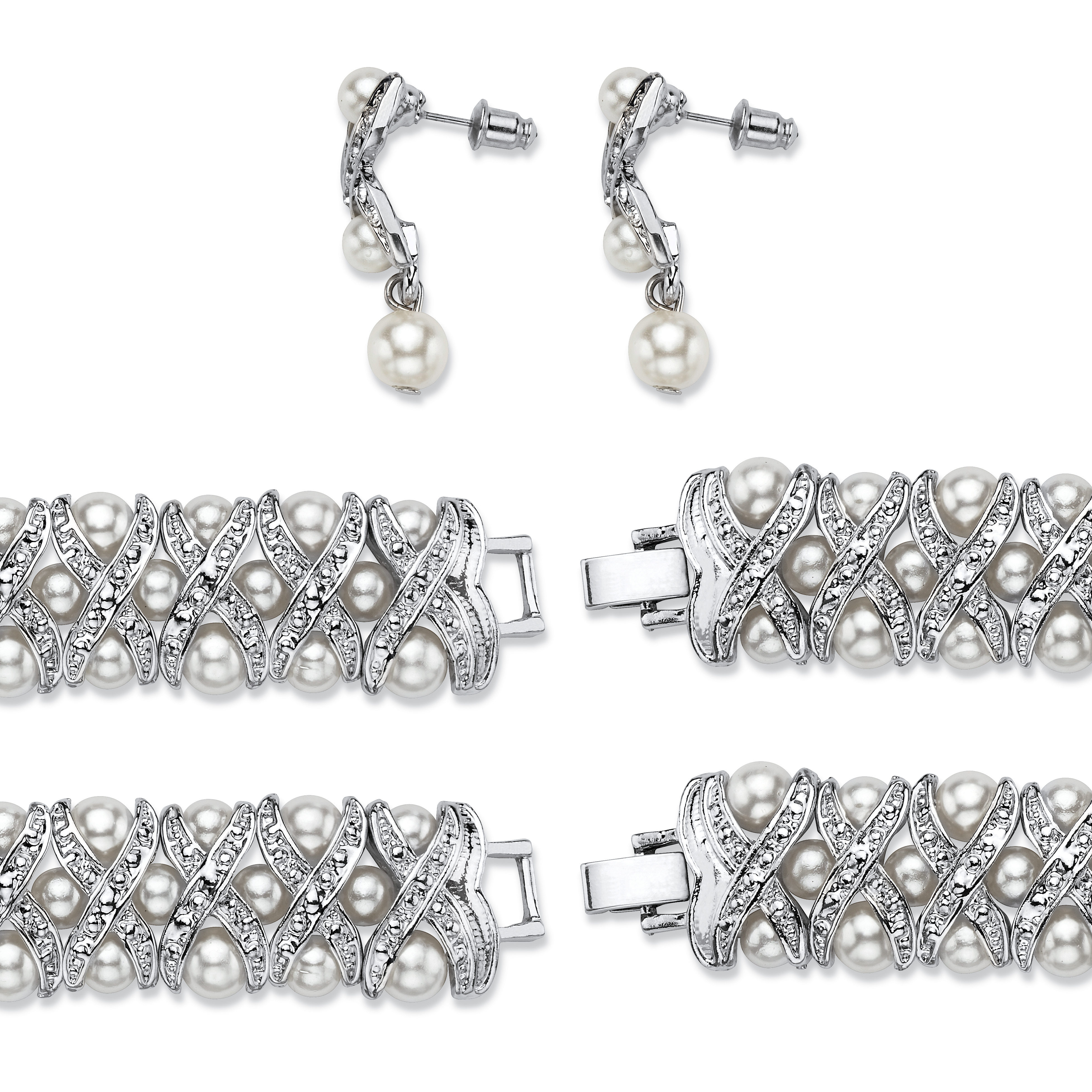 PalmBeach Jewelry Simulated Pearl and Crystal 3-Piece "X & O" Set in Silvertone 18"