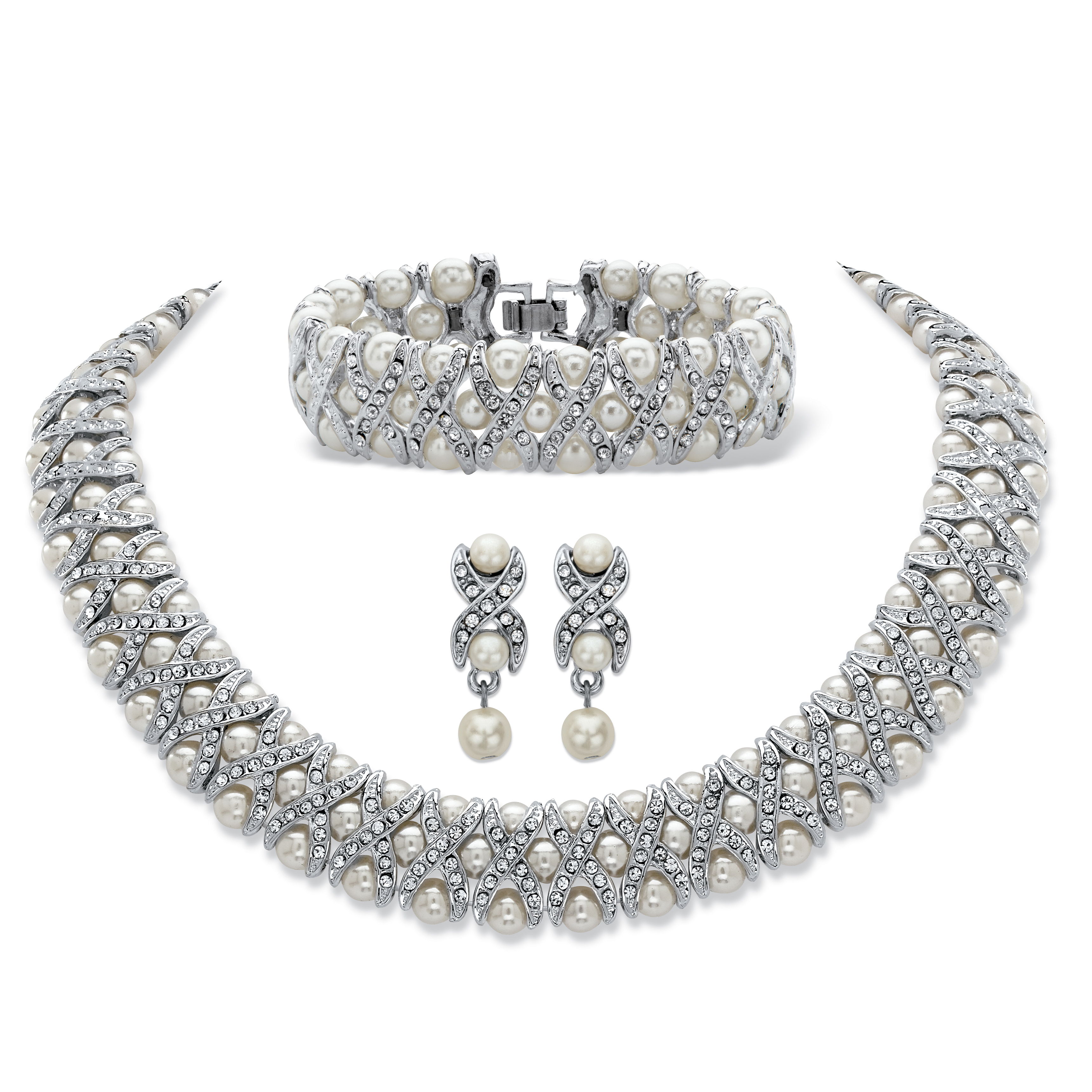 PalmBeach Jewelry Simulated Pearl and Crystal 3-Piece "X & O" Set in Silvertone 18"