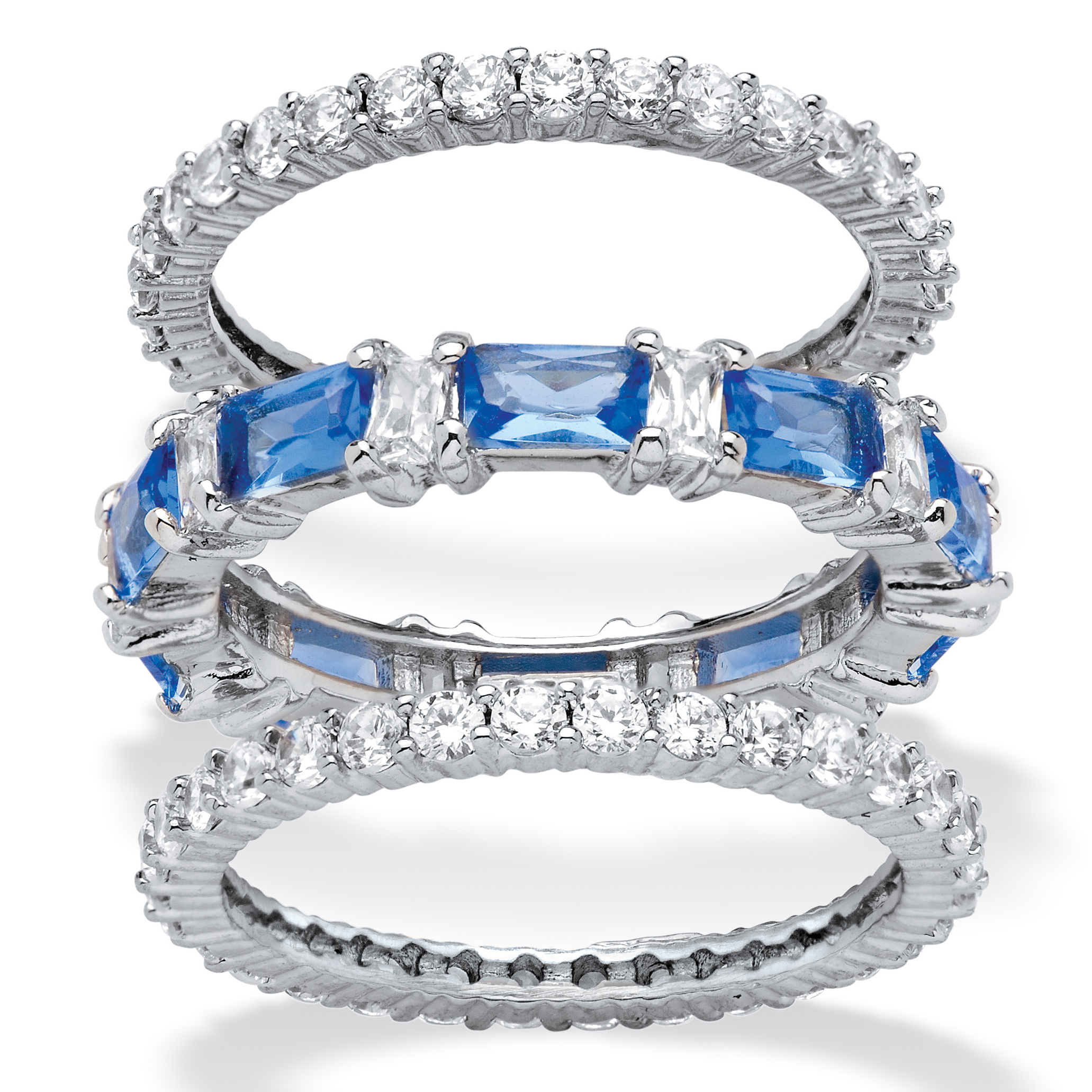 PalmBeach Jewelry Cubic Zirconia and Simulated Blue Sapphire 3-Piece Eternity Ring Set 8.74 TCW Platinum-Plated