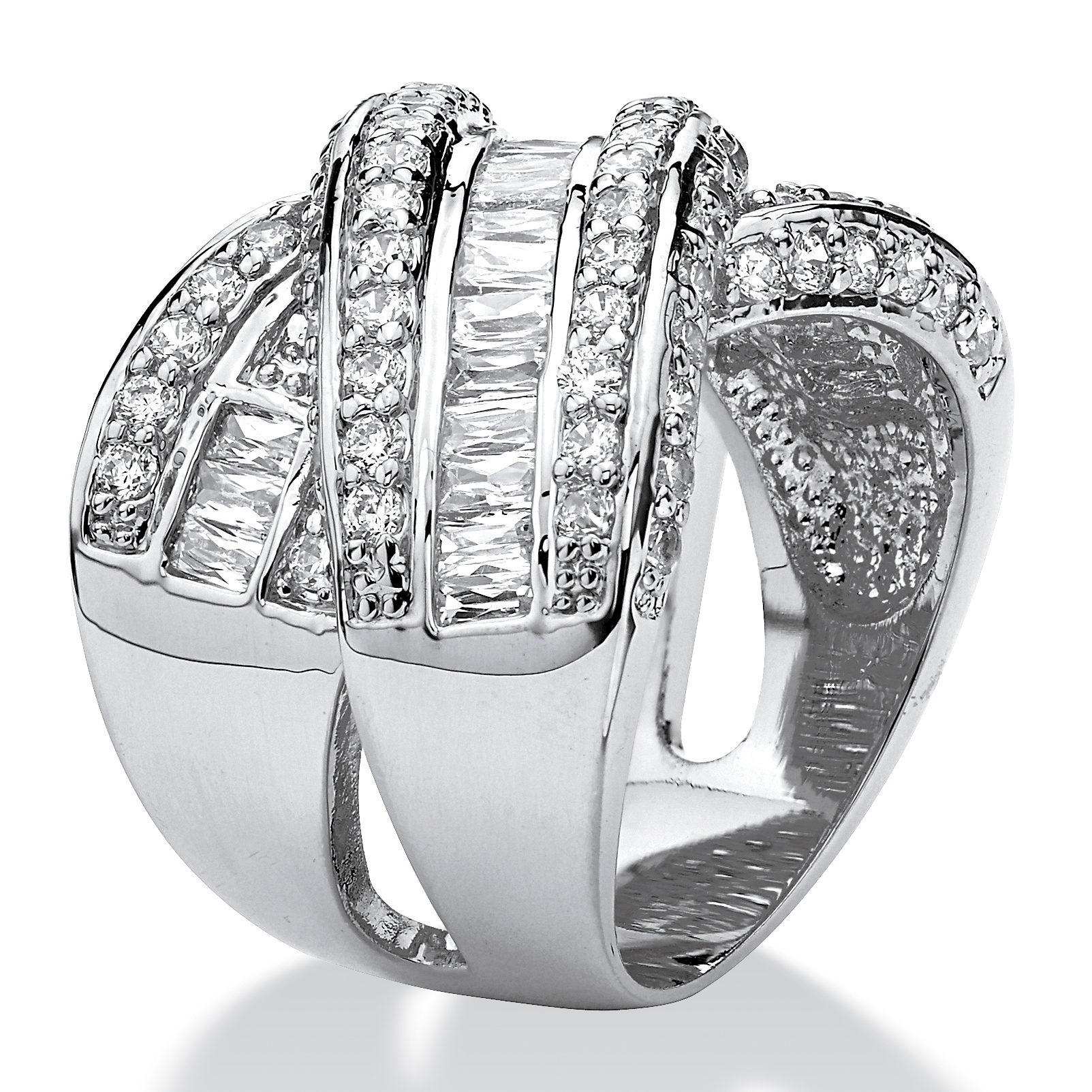 PalmBeach Jewelry 3.64 TCW Round and Baguette Cubic Zirconia Crossover "X" Ring Platinum-Plated