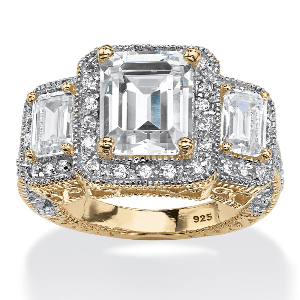 PalmBeach Jewelry 5.12 TCW Emerald-Cut Cubic Zirconia Halo Ring in 14k Gold-plated Sterling Silver