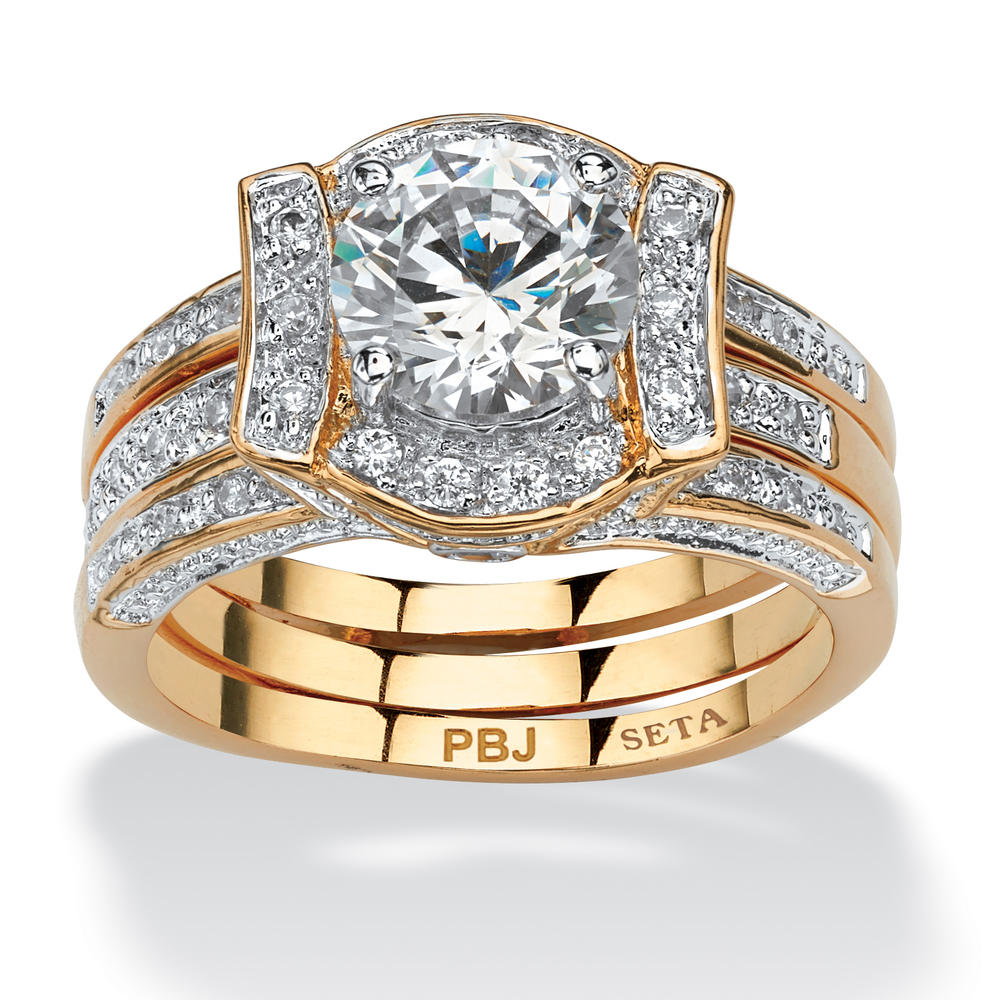 PalmBeach Jewelry 2.37 TCW Round Cubic Zirconia Channel-Set 2-Piece Jacket Bridal Set 18k Gold-Plated